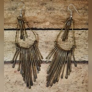 Vintage Hammered Metal Fringe Chandelier Earrings Brutalist Boho Dangle 4"